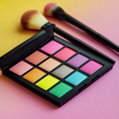 A makeup palette mockup with vibrant colors, resting on a glossy table with some makeup brushes beside it