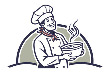 Culinary Creation: A Smiling Chef. In this picture A smiling chef proudly presents a steaming bowl, inviting culinary delight. A celebration of food, skill, and flavor.