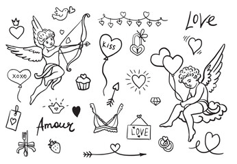 Cupid and love elements icon set. Love and valentine's day symbol. Isolated vector black hand drawn image.