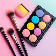 A makeup palette mockup with vibrant colors, resting on a glossy table with some makeup brushes beside it