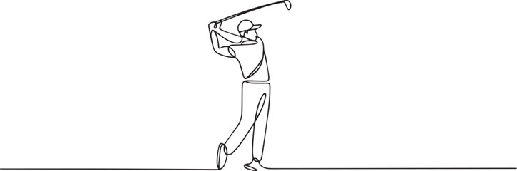 Fototapeta premium continuous line drawing of a golfer in mid-swing with golf club raised high showing dynamic motion in black and white style