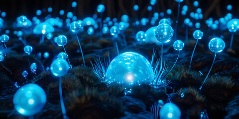Glowing Orbs Suspended Above a Dark Surface in an Ethereal Forest Scene

