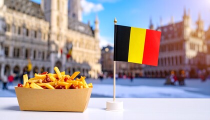Belgian fries with sauce and flag in Brussels against blurred architecture view