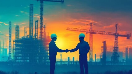 Engineers shaking hands in agreement against construction site at sunset background