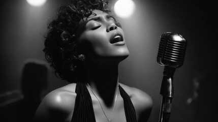 African female singer performing soulful jazz in black and white with vintage microphone. International Jazz Day