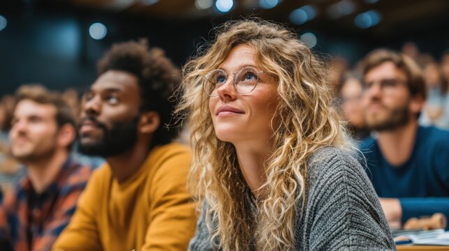 Young adults in a diverse lecture hall focused on presentation