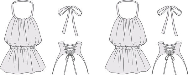 Halter mini dress sketch, gathered waist dress, bow tie back design, corset detail vector, fashion flat template, summer outfit illustration, trendy apparel
