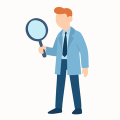 Flat Illustration Man in Lab Coat Holding Magnifying Glass Character