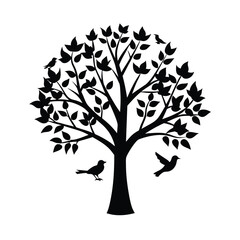 Obraz premium Tree with birds in black and white silhouette vector illustration