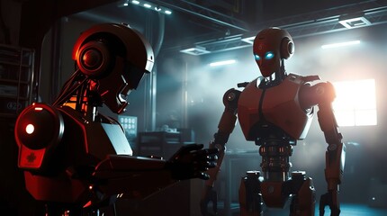 Robotic pair interact in hazy workshop