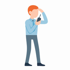 Flat Style Confused Businessman Holding Radio Communication Device Character