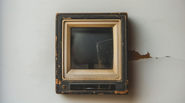 Aged CRT screen embedded in cracked wall – conceptual visual of decay, obsolescence, or tech history for editorial and design use