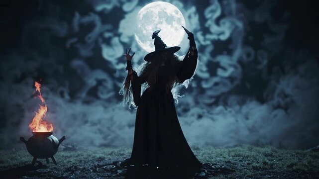 Halloween malefic witch laughing and putting an evil spell on people on halloween day of the dead