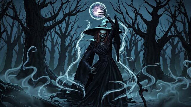 Halloween malefic witch laughing and putting an evil spell on people on halloween day of the dead