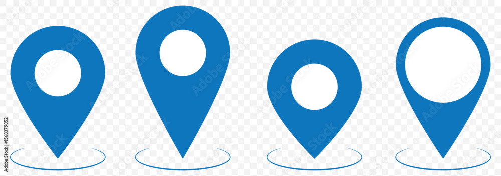Poster location pin icon set. blue map navigation line style symbol. gps location sign on transparent backg