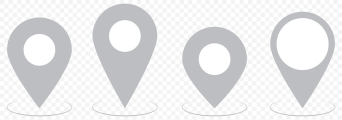 Set of location pin icons. Map marker pointer symbols, GPS location. Navigation map, location navigation icon, geo location point. Gray Vector on Transparent Background. EPS 10.