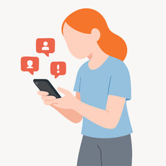 Flat Style Woman Using Mobile Phone with Notification Popup Illustration