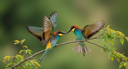 Two Colorful Bee-eaters in Flight, Sharing a Moment