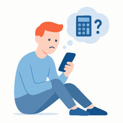 Flat Illustration Unhappy Man Using Phone with Calculator Question Mark