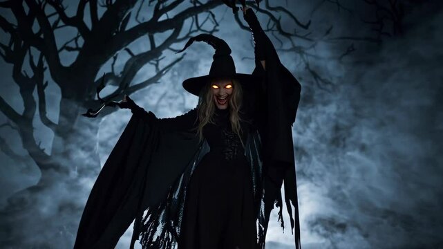 Halloween malefic witch laughing and putting an evil spell on people on halloween day of the dead