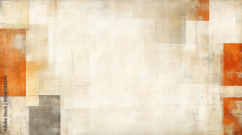Poster white background with orange squares on it. the squares are of different sizes and are scattered all