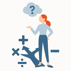 Simple Flat Illustration Woman Thinking about Math and Decision Making