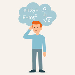 Flat Design Thoughtful Man Thinking about Mathematical Equations Problem Illustration