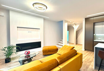 Modern luxury apartment interior in minimal scandinavian style, 3d rendering