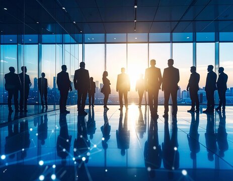 Global Business Leaders Meeting in Modern Office with City Sunset View group of business people