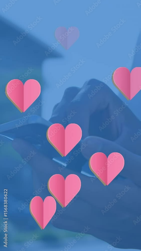 Poster animation of hearts floating over hands of caucasian man using smartphone