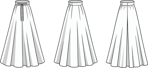 Elegant long maxi skirts illustration, fashion design flat sketch, women’s flowy skirt with waistband and pleats, stylish clothing template, garment technical drawing