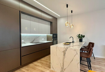 Modern luxury kitchen interior in minimal scandinavian style, 3d render