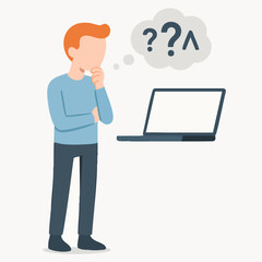 Flat Illustration Young Man Thinking with Laptop and Question Mark Concept