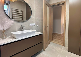 Modern bathroom interior in minimal scandinavian style, 3d render