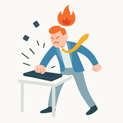 Flat Illustration Angry Man Hitting Keyboard at Desk Frustration Concept