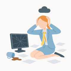 Flat Illustration Exhausted Businesswoman with Broken Computer and Cloud Sadness