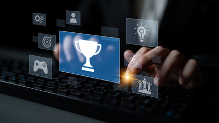 Achievement and success concept representing goal accomplishment, motivation, performance, competition, and excellence in business and personal growth Latch