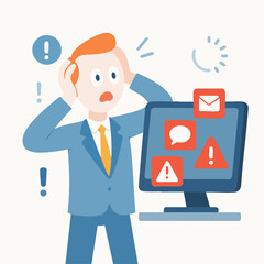 Flat Illustration Frustrated Man Overwhelmed by Computer Notifications Pop Ups