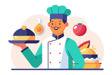 Culinary artist in the kitchen: A skilled cook, adorned in a chef's hat and uniform, proudly presents a culinary masterpiece, a visual testament to the artistry and passion.