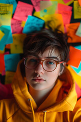 Thoughtful Young Creative in Front of Note Wall