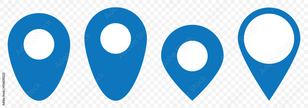 Poster location pin icon set. blue map navigation line style symbol. gps location sign on transparent backg