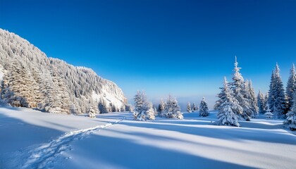 Obraz premium a snowy landscape featuring frosted pine trees and icy cliffs under a clear blue sky with snow tracks visible on the ground