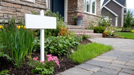 White sign is on a post in front of a house. The sign is on a white post and is surrounded by flowers