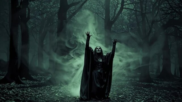 Halloween malefic witch laughing and putting an evil spell on people on halloween day of the dead