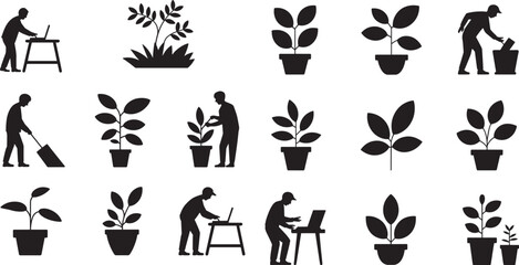 People tending plants and working on laptops person gardening