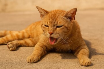Overheated feline displays symptoms of heat exhaustion and dehydration indoors, body limp on floor in a quiet, airless environment