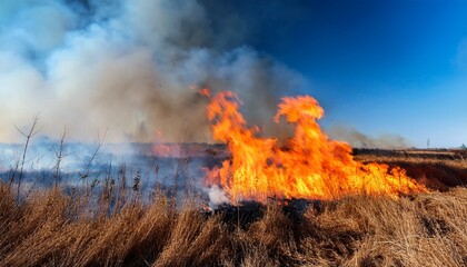 fiery inferno raging in an isolated field flames licking dry grass billowing smoke against a clear blue sky the fire spreads rapidly creating a dramatic scene of nature s power view dramatic