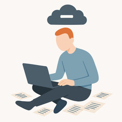 Flat Illustration Sitting Man with Laptop Working Under Cloud Computing