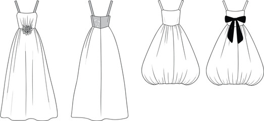 Girls and women’s formal spaghetti strap dresses with puff skirts, bow and sequin detail – flat fashion technical sketch for bridal, prom, and evening wear