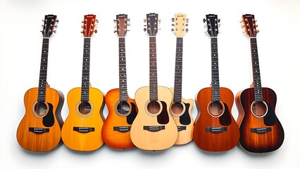Fototapeta premium Six acoustic guitars arranged in a row on white, overhead studio lighting.